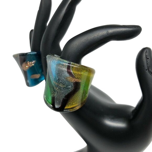 Handcrafted Dichroic Glass Statement Rings Blue & Green Tones Size 6.5 - Picture 2 of 6